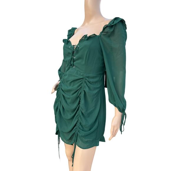 Lulus NWT Green Queen Anne Neck Ruched Ruffle Mini Dress M - Picture 3 of 8